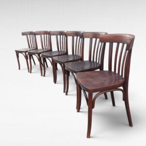 Šešių originalių antikvarinių Thonet bistro kėdžių komplektas iš lenkto medžio su gamykliniais įspaudais